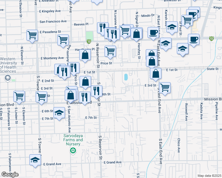 map of restaurants, bars, coffee shops, grocery stores, and more near 1284 East 3rd Street in Pomona