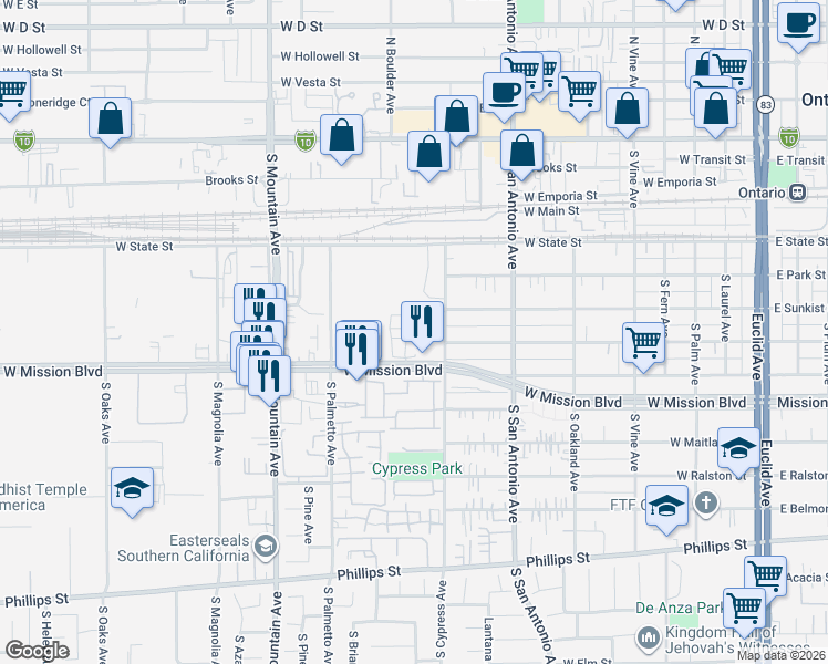 map of restaurants, bars, coffee shops, grocery stores, and more near in Ontario