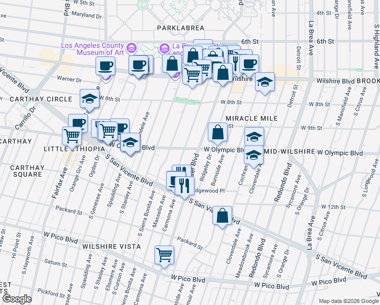 map of restaurants, bars, coffee shops, grocery stores, and more near 5700 W Olympic Blvd in Los Angeles