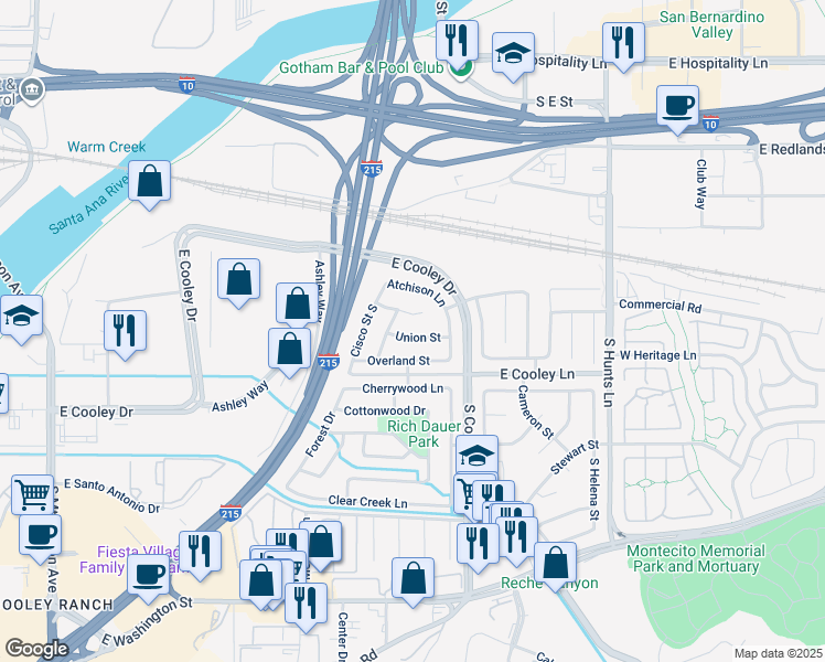 map of restaurants, bars, coffee shops, grocery stores, and more near 786 Santa Fe Lane in Colton
