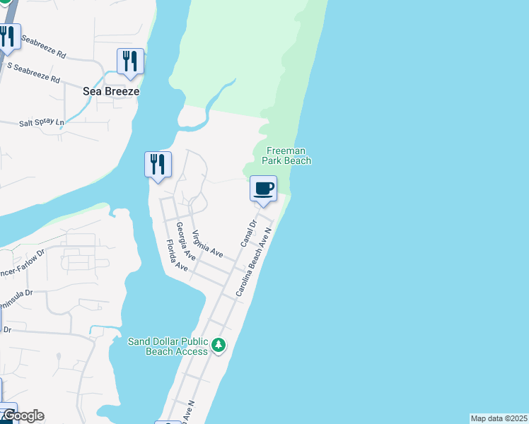 map of restaurants, bars, coffee shops, grocery stores, and more near 1810 Canal Drive in Carolina Beach
