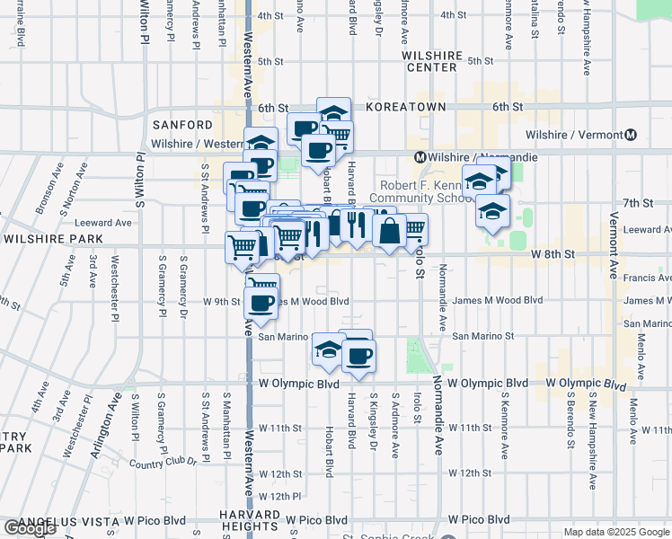 map of restaurants, bars, coffee shops, grocery stores, and more near 814 South Hobart Boulevard in Los Angeles