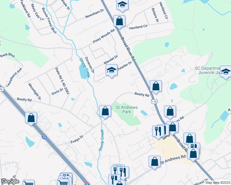 map of restaurants, bars, coffee shops, grocery stores, and more near 1011 Beatty Road in Columbia