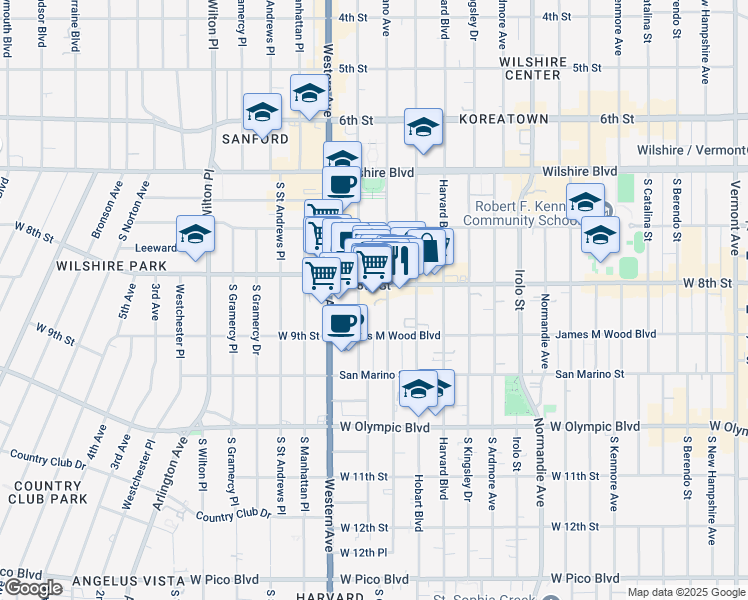 map of restaurants, bars, coffee shops, grocery stores, and more near 820 South Serrano Avenue in Los Angeles