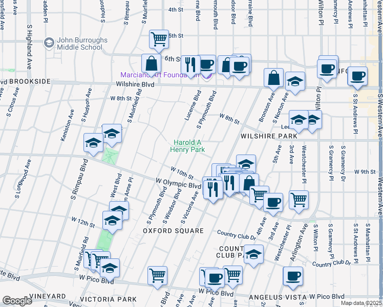 map of restaurants, bars, coffee shops, grocery stores, and more near 892 South Windsor Boulevard in Los Angeles
