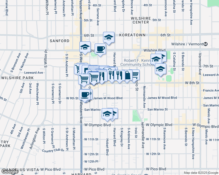 map of restaurants, bars, coffee shops, grocery stores, and more near 814 South Hobart Boulevard in Los Angeles