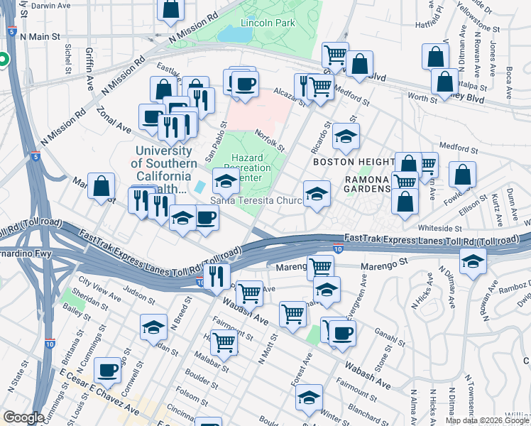 map of restaurants, bars, coffee shops, grocery stores, and more near 2400 Verde Street in Los Angeles