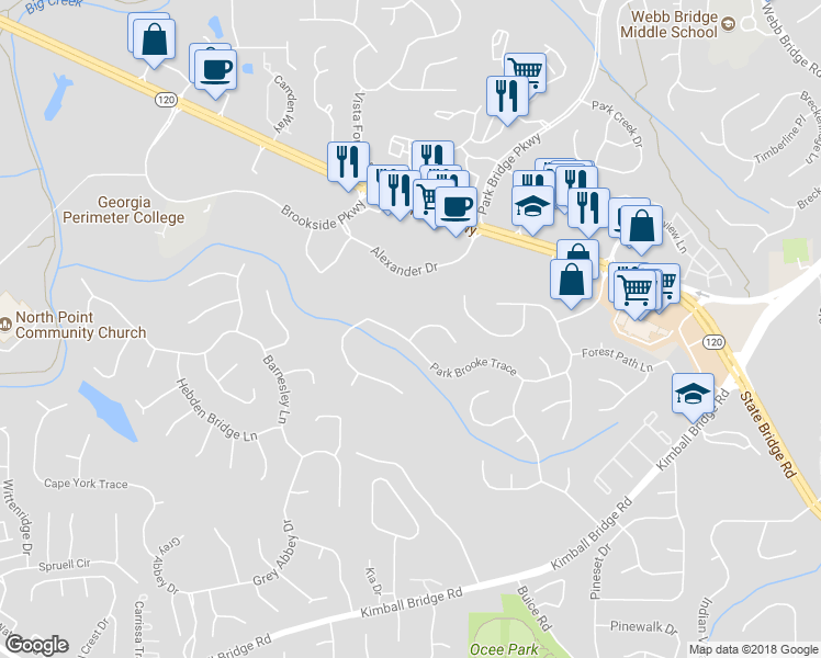 map of restaurants, bars, coffee shops, grocery stores, and more near 2000 Brooke Forest Court in Alpharetta