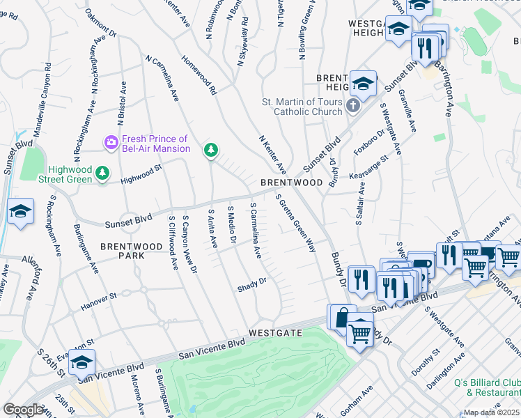 map of restaurants, bars, coffee shops, grocery stores, and more near 116 South Carmelina Avenue in Los Angeles
