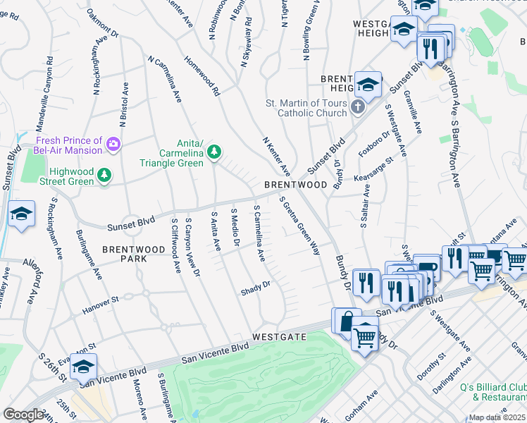 map of restaurants, bars, coffee shops, grocery stores, and more near 116 South Carmelina Avenue in Los Angeles