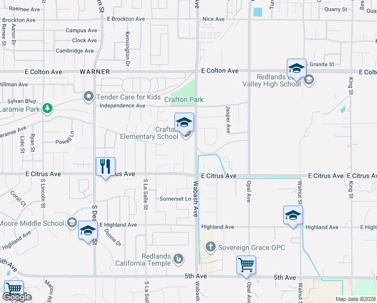 map of restaurants, bars, coffee shops, grocery stores, and more near 130 Crafton Court in Redlands