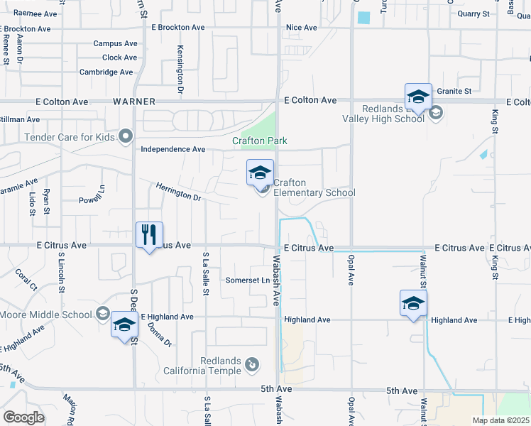 map of restaurants, bars, coffee shops, grocery stores, and more near 139 Wabash Avenue in Redlands