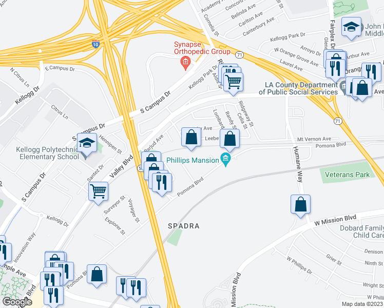 map of restaurants, bars, coffee shops, grocery stores, and more near 2671 Pomona Boulevard in Pomona