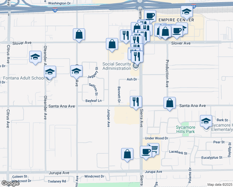 map of restaurants, bars, coffee shops, grocery stores, and more near 10805 Juniper Avenue in Fontana