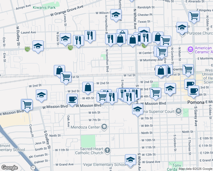 map of restaurants, bars, coffee shops, grocery stores, and more near 1112 West 2nd Street in Pomona