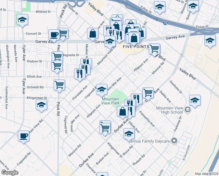 map of restaurants, bars, coffee shops, grocery stores, and more near 2647 Penn Mar Avenue in El Monte