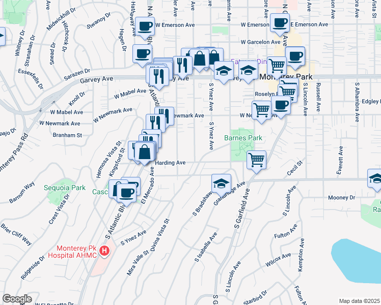 map of restaurants, bars, coffee shops, grocery stores, and more near 415 South Moore Avenue in Monterey Park