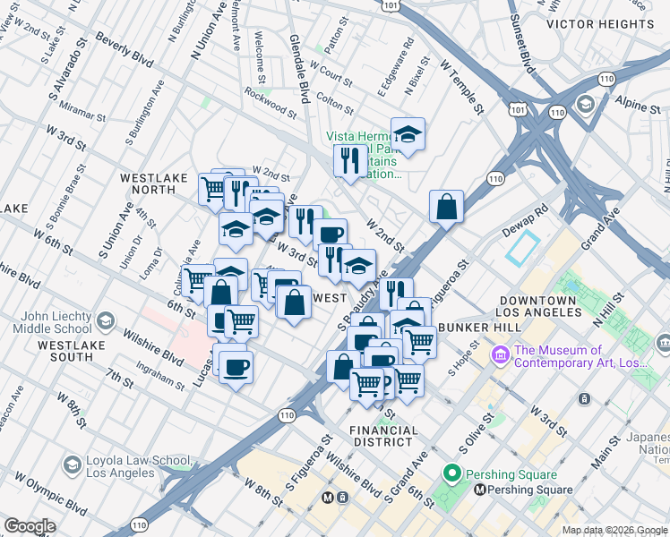 map of restaurants, bars, coffee shops, grocery stores, and more near 1221 West 3rd Street in Los Angeles