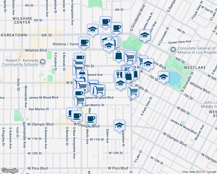 map of restaurants, bars, coffee shops, grocery stores, and more near 2802 West 8th Street in Los Angeles