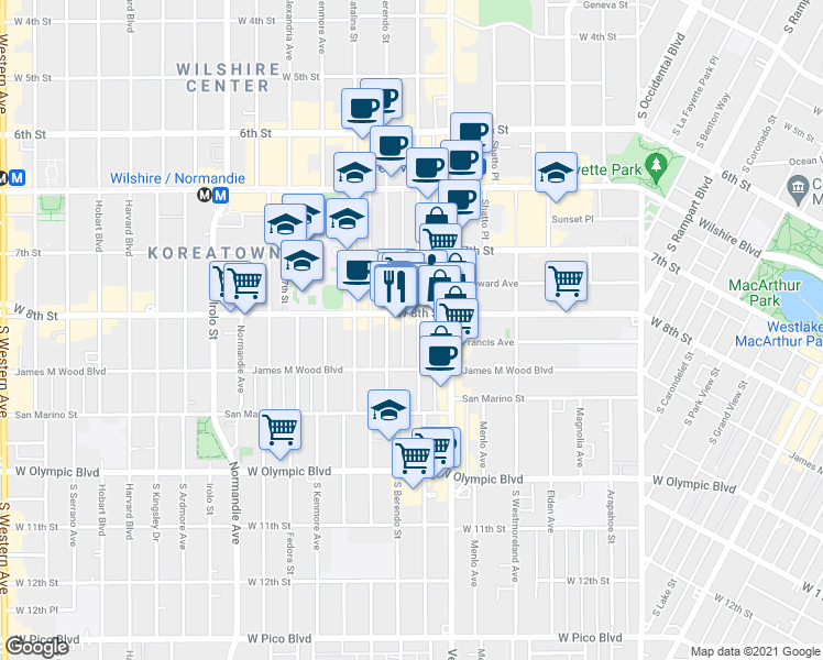 map of restaurants, bars, coffee shops, grocery stores, and more near 3054 West 8th Street in Los Angeles