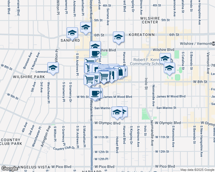 map of restaurants, bars, coffee shops, grocery stores, and more near 820 South Serrano Avenue in Los Angeles