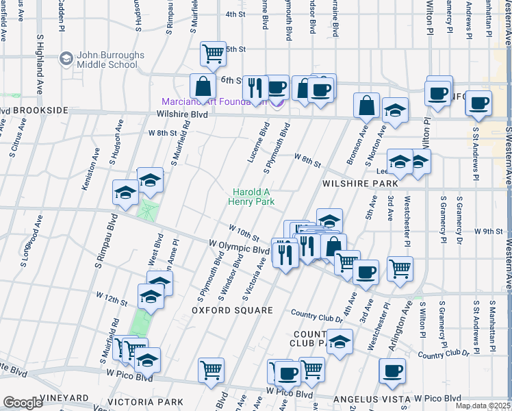 map of restaurants, bars, coffee shops, grocery stores, and more near 892 South Windsor Boulevard in Los Angeles