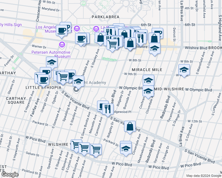 map of restaurants, bars, coffee shops, grocery stores, and more near in Los Angeles