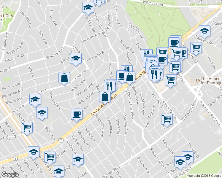map of restaurants, bars, coffee shops, grocery stores, and more near 10465 Eastborne Avenue in Los Angeles