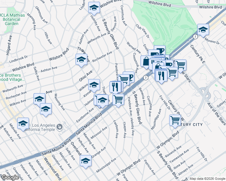 map of restaurants, bars, coffee shops, grocery stores, and more near 10465 Eastborne Avenue in Los Angeles
