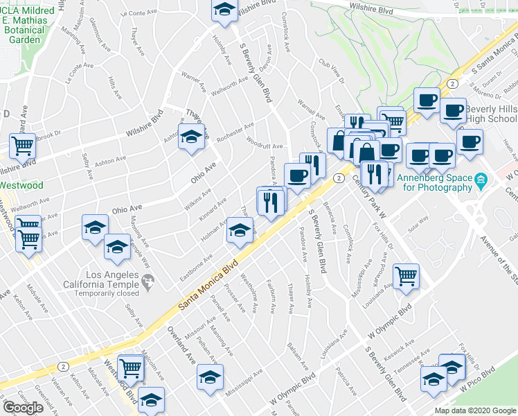 map of restaurants, bars, coffee shops, grocery stores, and more near 10465 Eastborne Avenue in Los Angeles