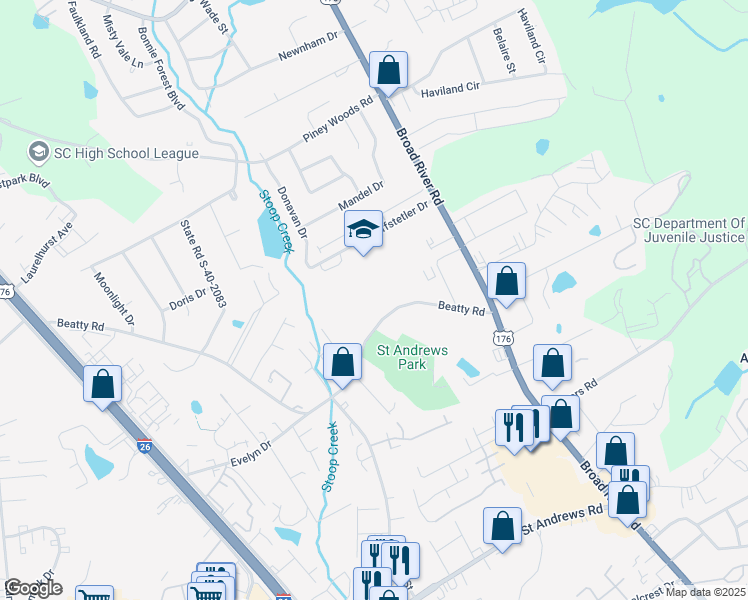 map of restaurants, bars, coffee shops, grocery stores, and more near 1011 Beatty Road in Columbia