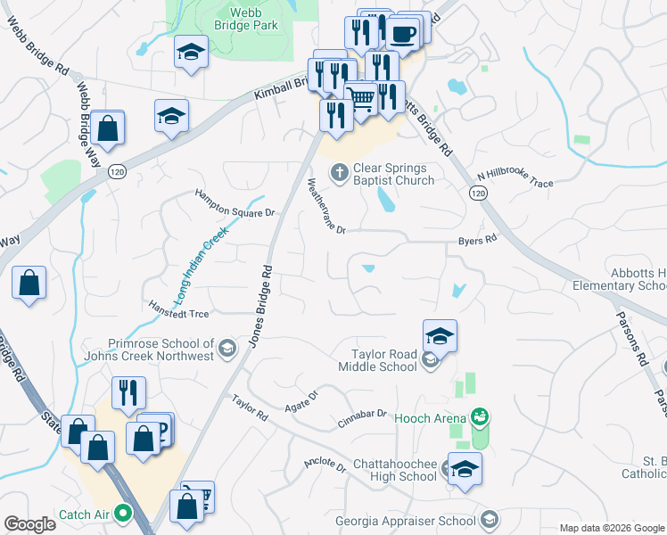 map of restaurants, bars, coffee shops, grocery stores, and more near 535 Windermere Park Court in Alpharetta