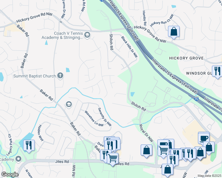 map of restaurants, bars, coffee shops, grocery stores, and more near 4003 Maple Ridge Lane Northwest in Acworth