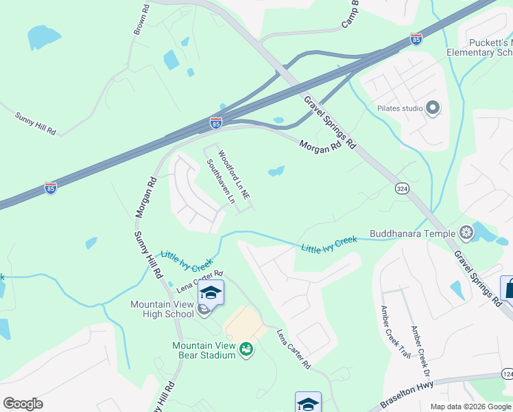 map of restaurants, bars, coffee shops, grocery stores, and more near 2417 Woodford Lane Northeast in Buford