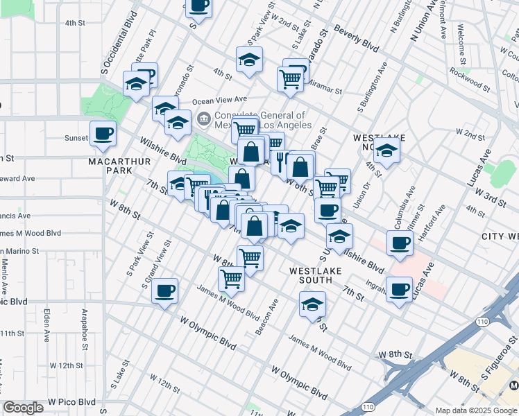 map of restaurants, bars, coffee shops, grocery stores, and more near 1930 Wilshire Boulevard in Los Angeles