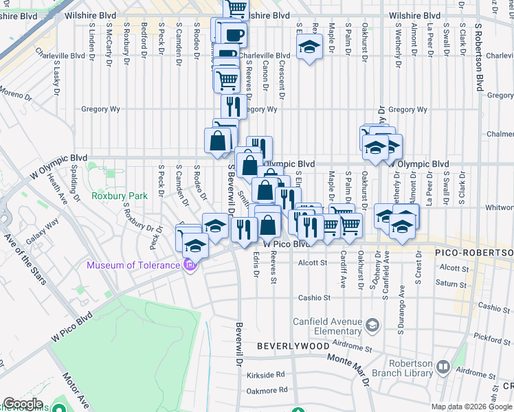 map of restaurants, bars, coffee shops, grocery stores, and more near 502 Smithwood Drive in Beverly Hills
