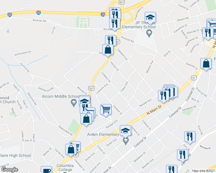 map of restaurants, bars, coffee shops, grocery stores, and more near 701 Colleton Street in Columbia
