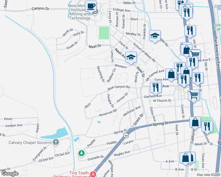 map of restaurants, bars, coffee shops, grocery stores, and more near 628a Blue Canyon Road in Socorro