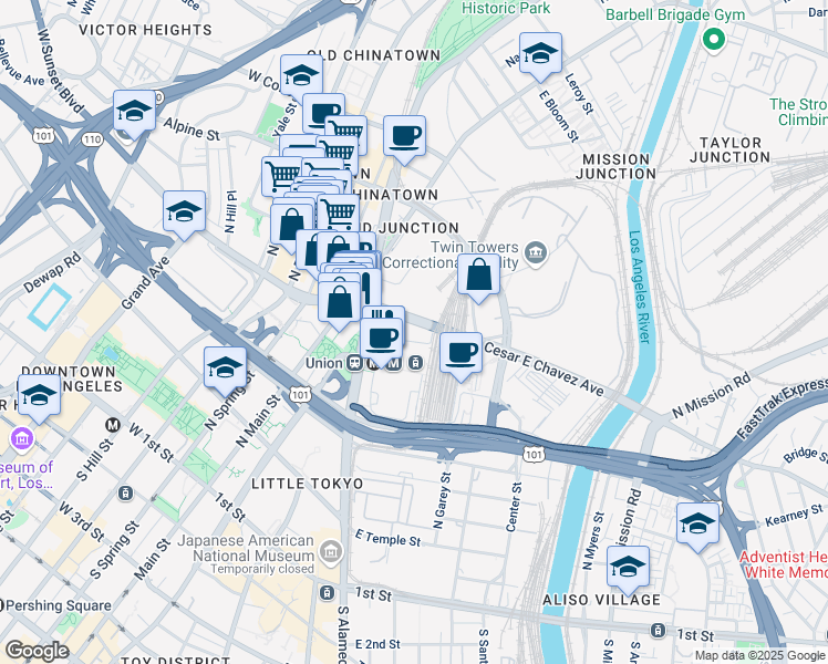 map of restaurants, bars, coffee shops, grocery stores, and more near 888 Alameda Street in Los Angeles