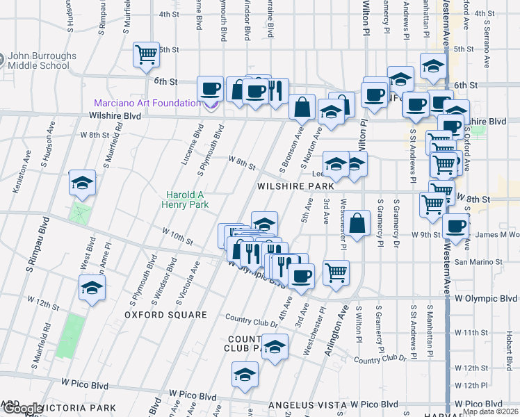 map of restaurants, bars, coffee shops, grocery stores, and more near 840 South Bronson Avenue in Los Angeles