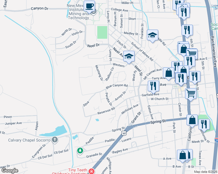 map of restaurants, bars, coffee shops, grocery stores, and more near 628a Blue Canyon Road in Socorro