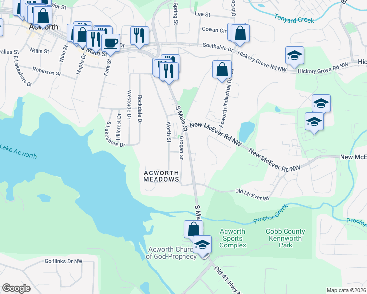 map of restaurants, bars, coffee shops, grocery stores, and more near 4221 South Main Street in Acworth