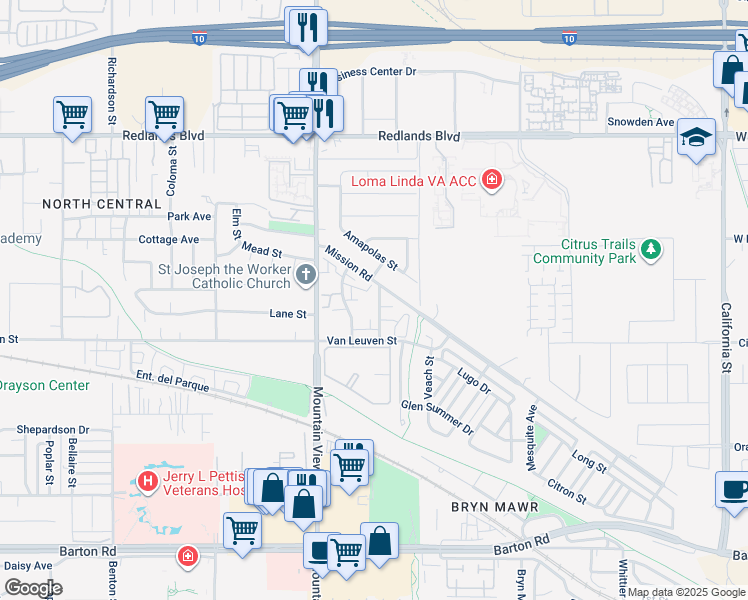 map of restaurants, bars, coffee shops, grocery stores, and more near 10822 Pepper Way in Loma Linda