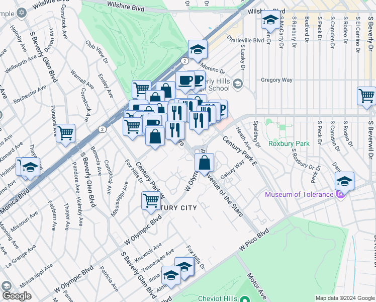 map of restaurants, bars, coffee shops, grocery stores, and more near 1 West Century Drive in Los Angeles