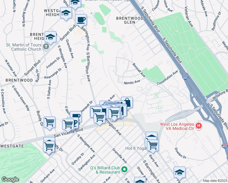 map of restaurants, bars, coffee shops, grocery stores, and more near 11601 Montana Avenue in Los Angeles