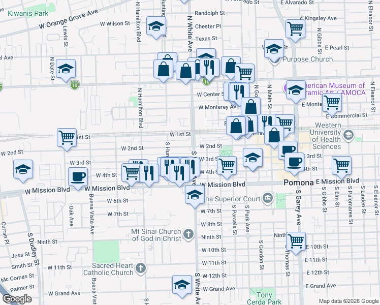 map of restaurants, bars, coffee shops, grocery stores, and more near 906 West 2nd Street in Pomona
