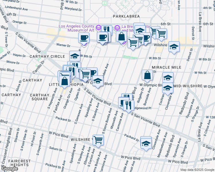 map of restaurants, bars, coffee shops, grocery stores, and more near 5848 West Olympic Boulevard in Los Angeles