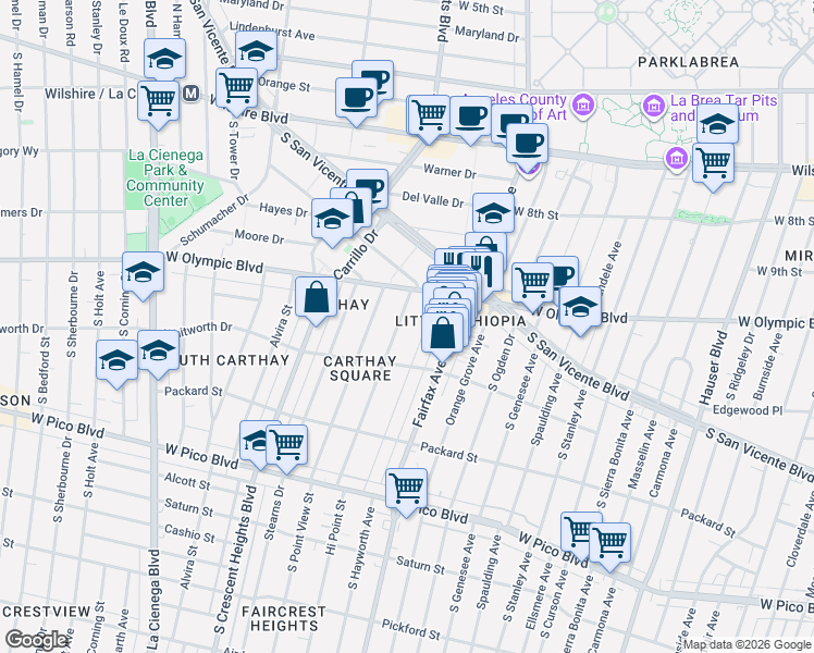 map of restaurants, bars, coffee shops, grocery stores, and more near 1036 Hi Point Street in Los Angeles