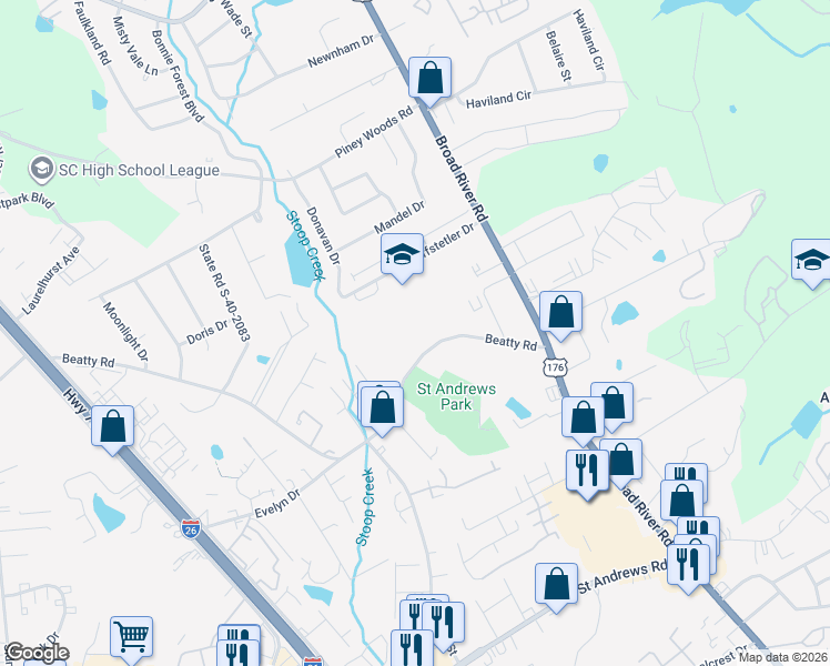 map of restaurants, bars, coffee shops, grocery stores, and more near 1011 Beatty Road in Columbia