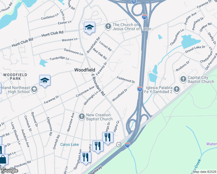 map of restaurants, bars, coffee shops, grocery stores, and more near 2114 Morninglo Lane in Columbia